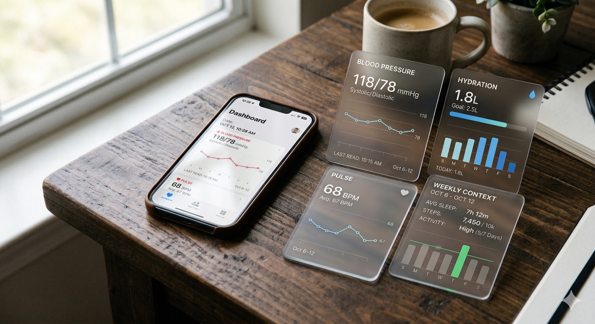 Health tracker dashboard cards showing multi-metric trends