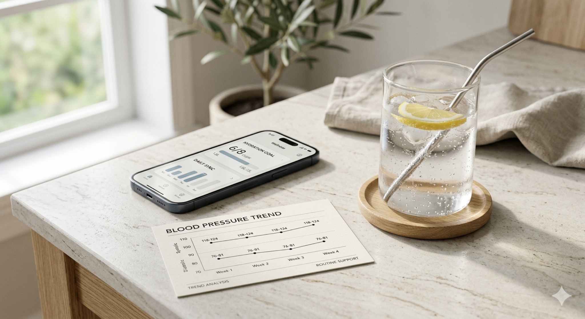 Hydration tracker linked to blood pressure routine