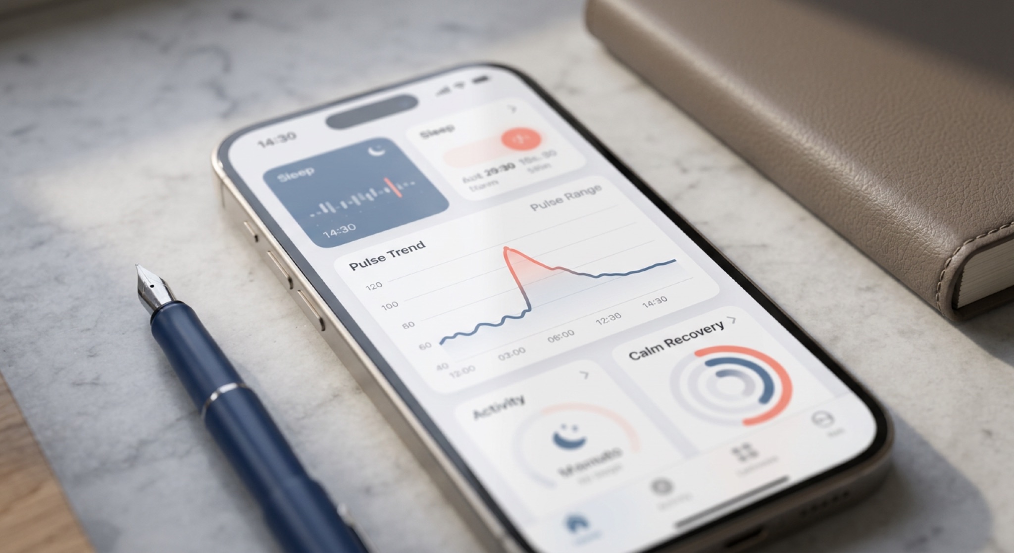 Stress spike marker and pulse recovery chart in app